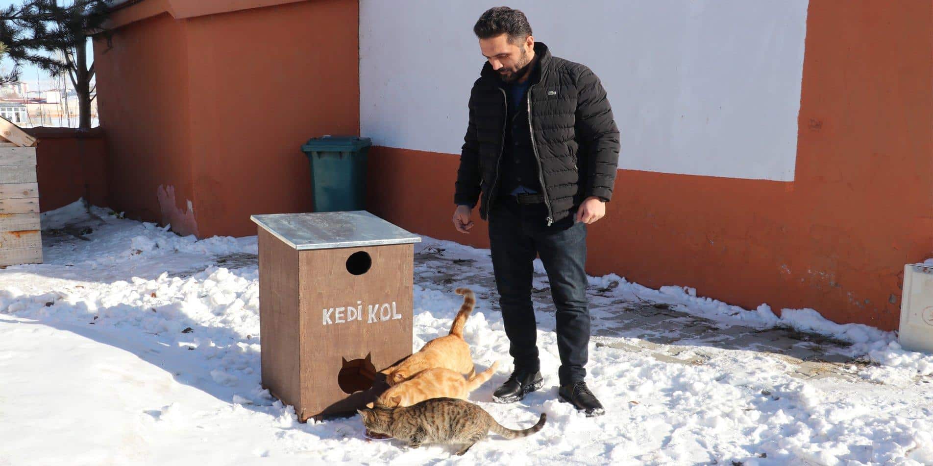 Erzurum'da Öğretmenler, Kedilerin Kışı Sıcak Geçirmesi İçin Yuva Yapıyor 